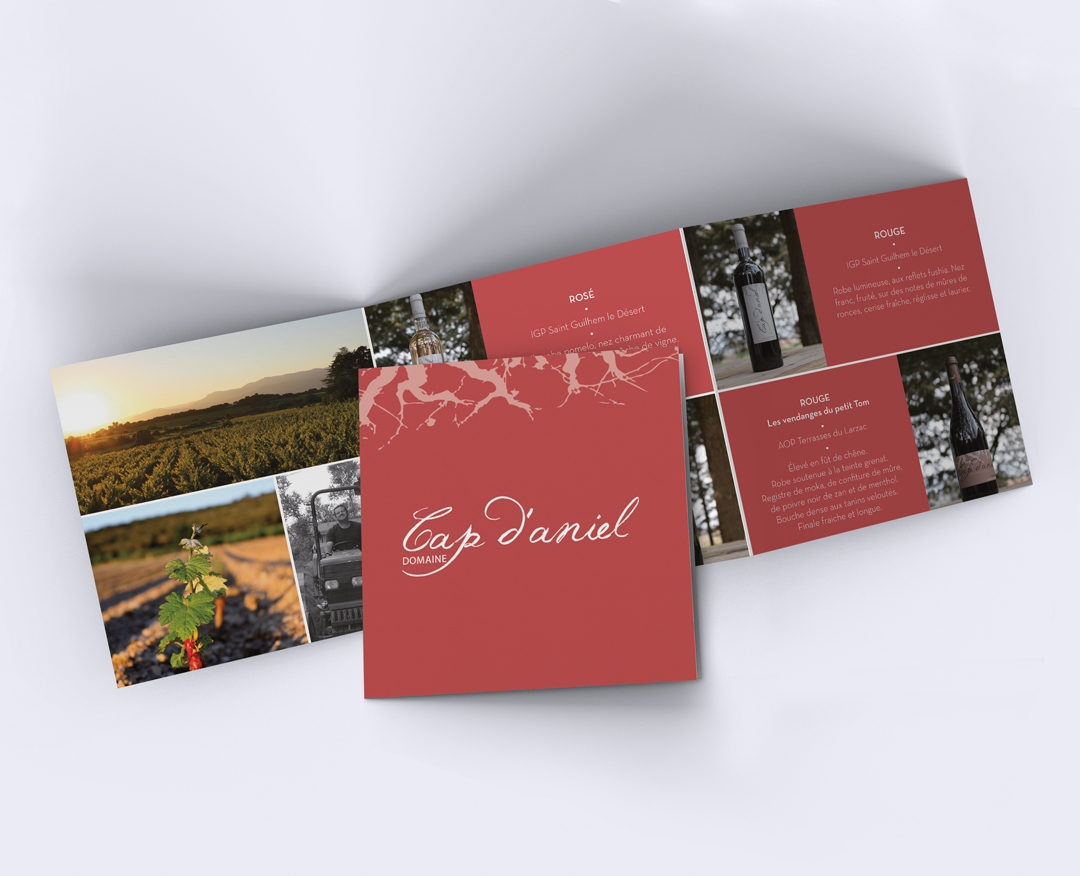 Création d’une brochure et d'un visuel pour le Domaine Cap d’Aniel. Identité graphique élégante et moderne pour valoriser le terroir.