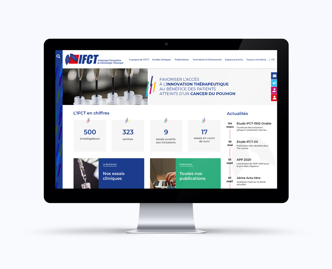 Refonte du site web de l’IFCT, association médicale spécialisée en oncologie thoracique. Design moderne et ergonomique.