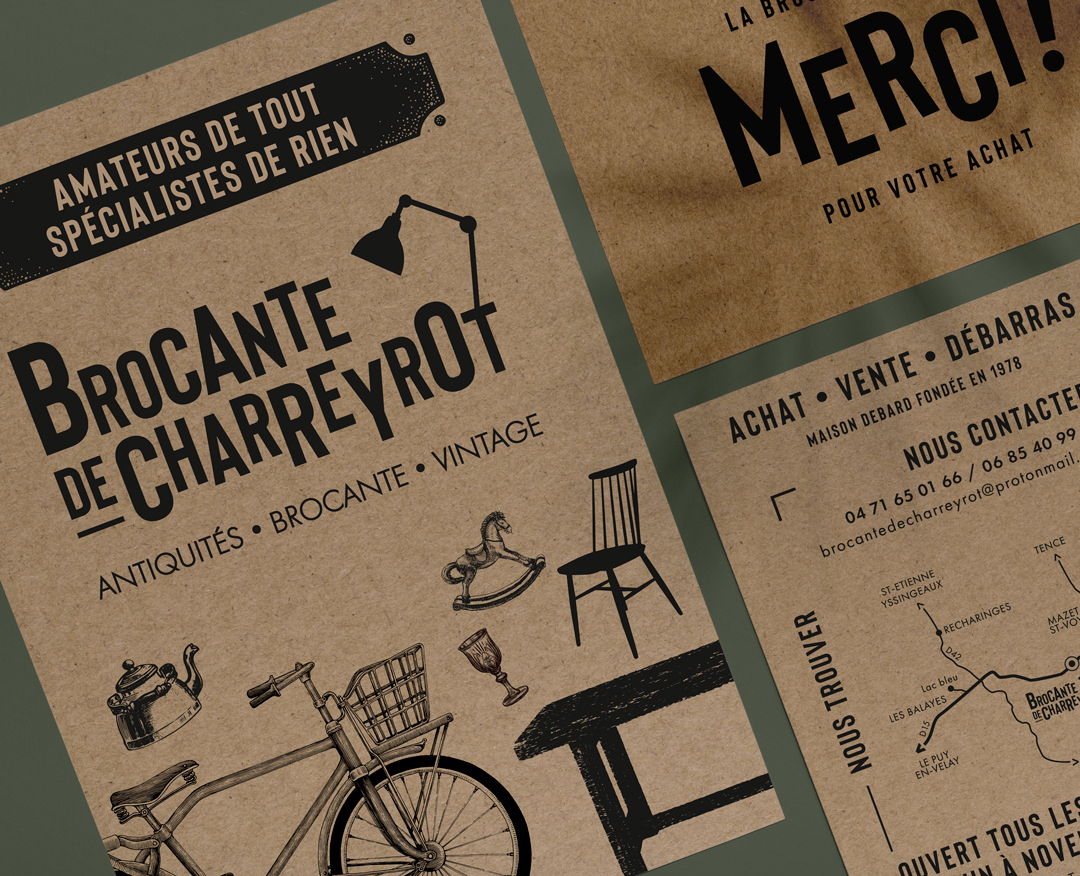 Création de l’identité visuelle pour la Brocante de Charreyrot : logo, carte de visite, affiches et supports de communication vintage.