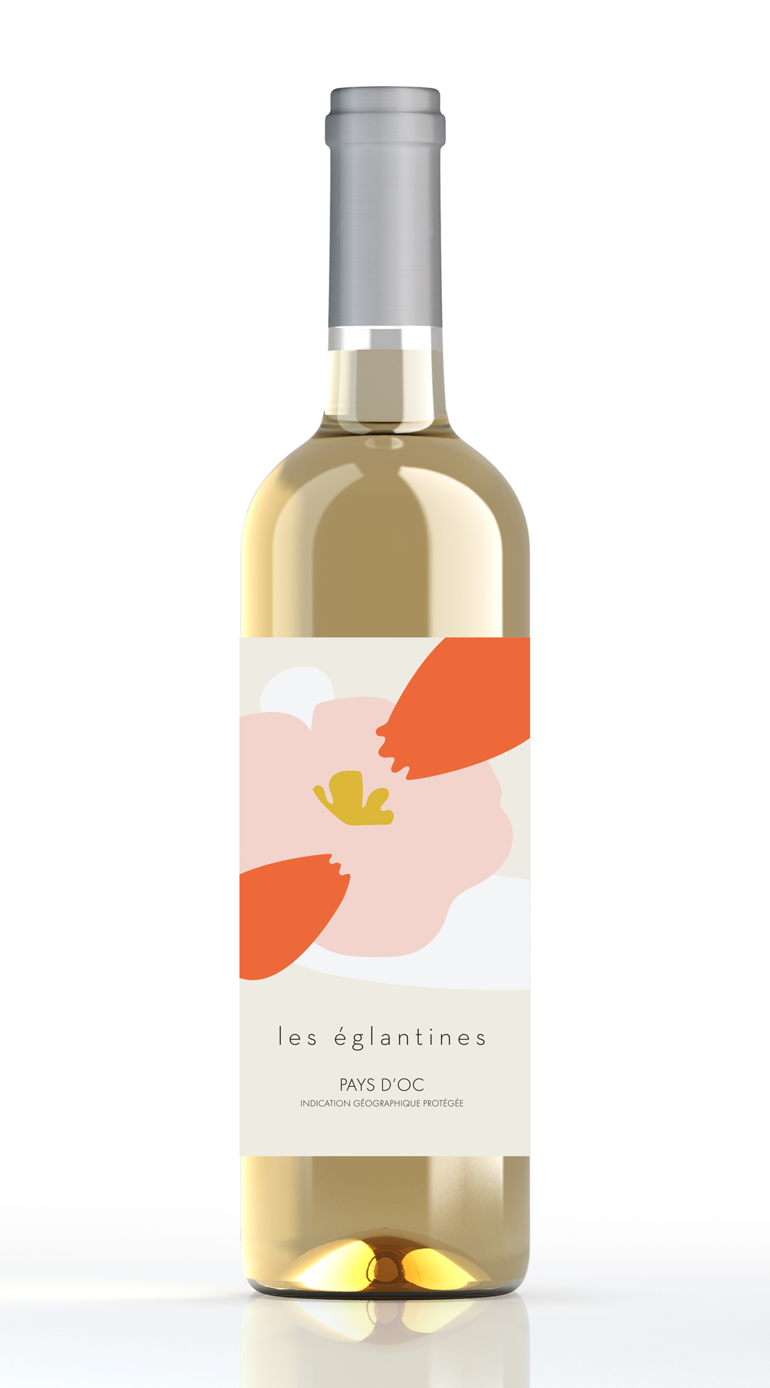 Design d’étiquette pour la cuvée Les Églantines. Illustration colorée inspirée de la nature, avec des formes douces et organiques.