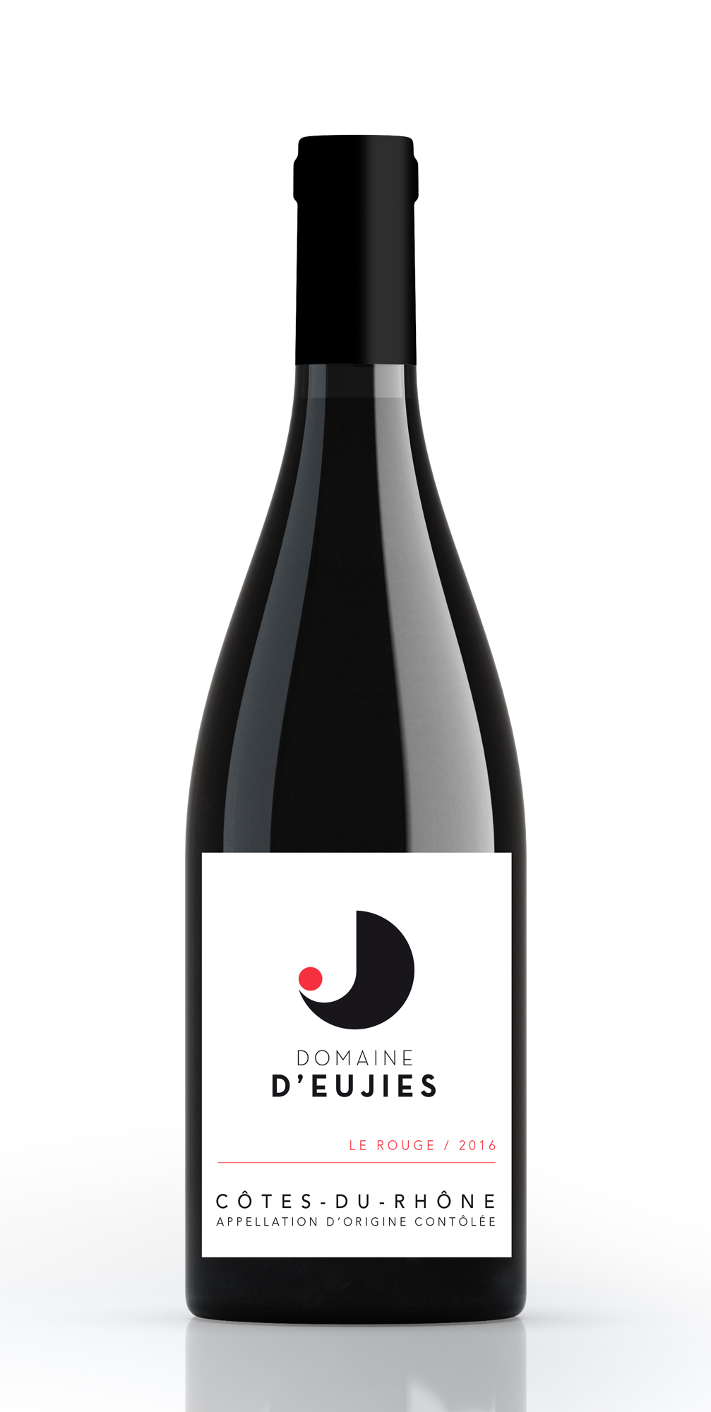 Création graphique pour le Domaine d’Eujies. Étiquette de vin avec design épuré et jeux de contraste noir et blanc.