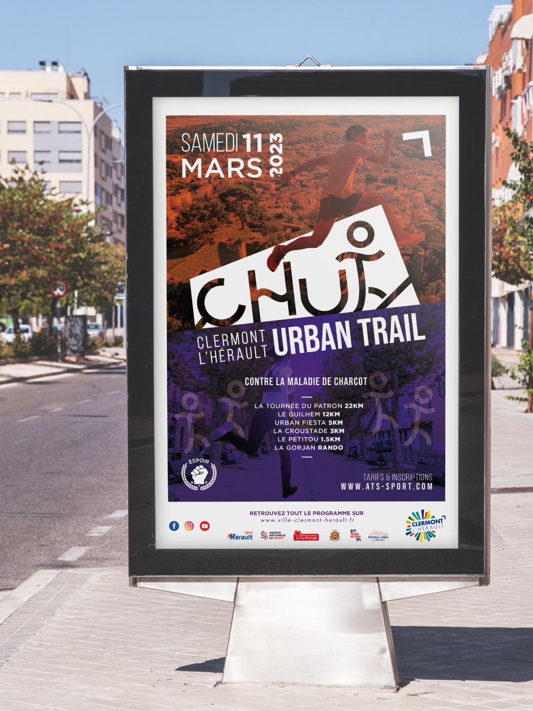 Création d’une affiche pour l’événement sportif CHUT Urban Trail. Design dynamique avec typographie impactante et visuel urbain.