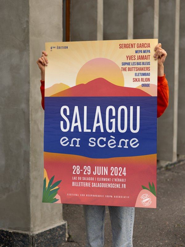Création d’une affiche pour le festival Salagou en Scène. Design coloré et moderne pour un événement musical à Clermont-l’Hérault.