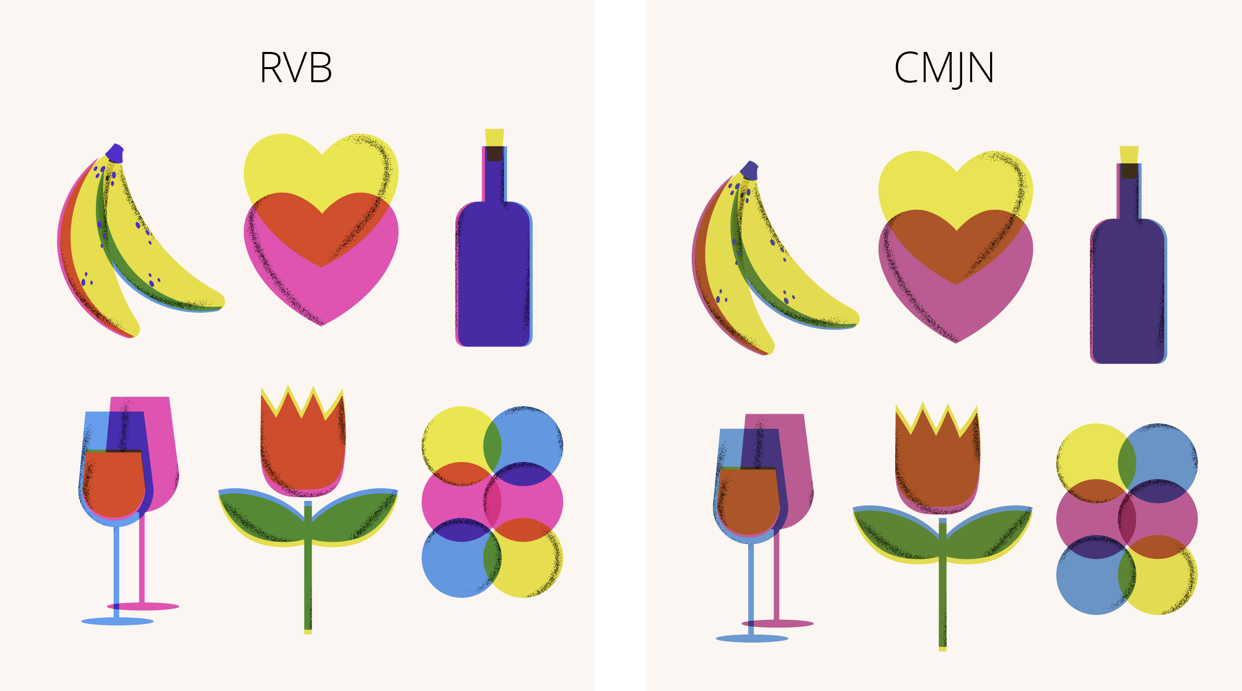 Exemple de différence de rendu entre écran RVB et couleurs CMJN