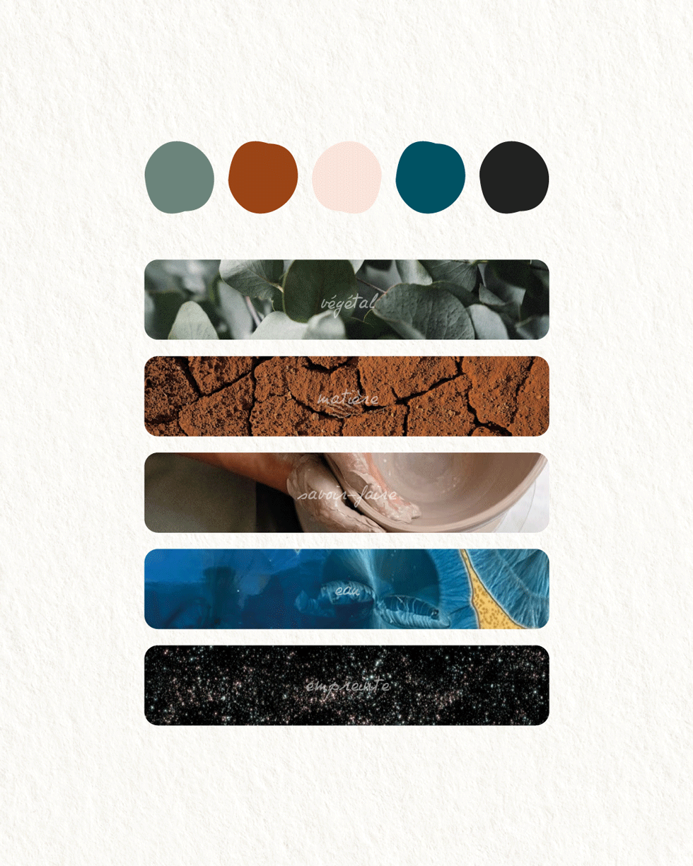 Palette de couleurs et textures naturelles développées pour l’identité visuelle de l’Atelier Gaïa, céramiste dans l’Hérault