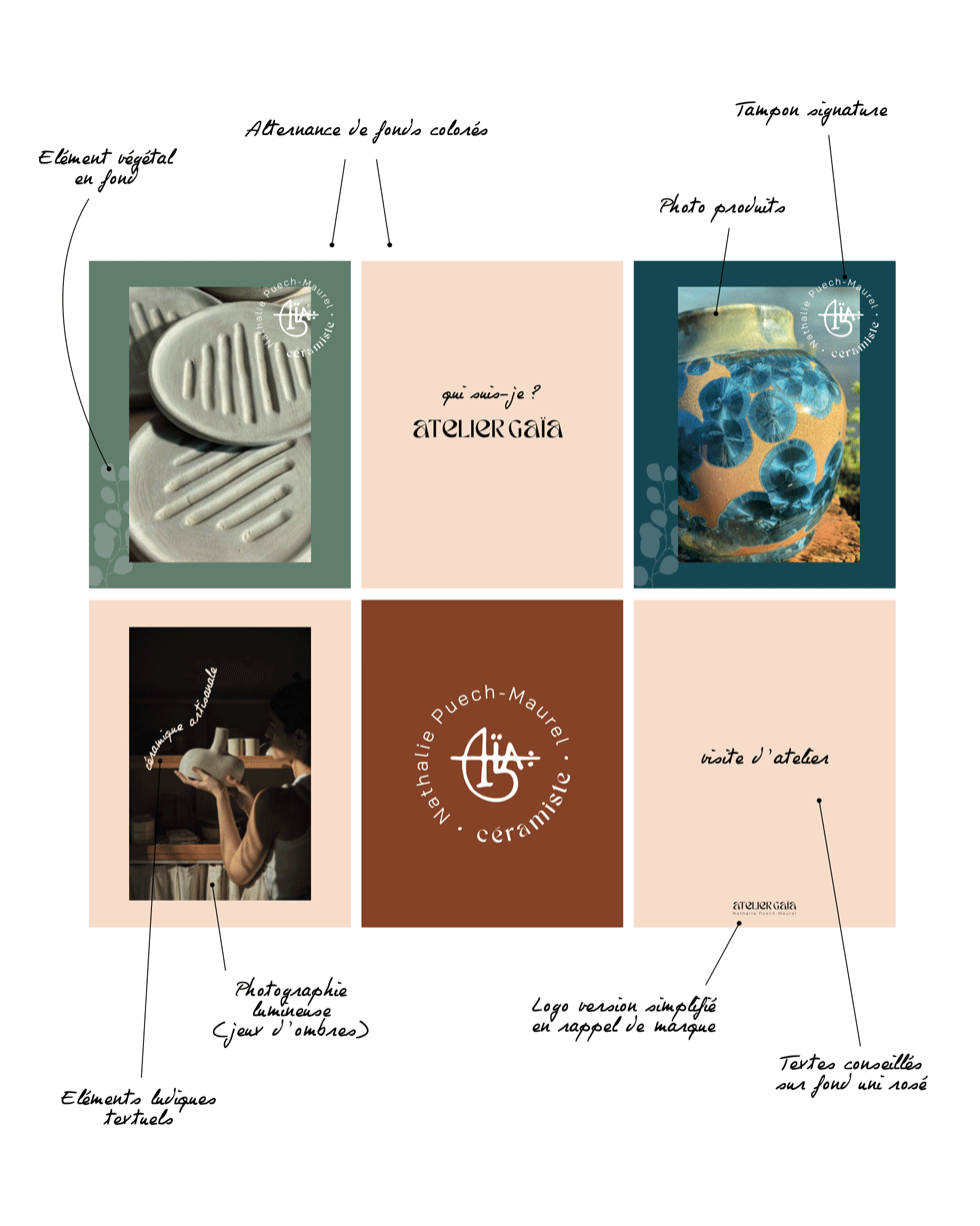 Moodboard et déclinaisons graphiques de l’identité visuelle Atelier Gaïa, avec logos, typographies et éléments visuels pour supports de communication