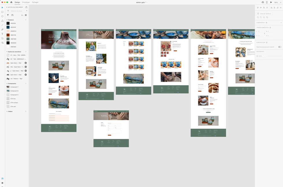 Maquettes dynamiques Adobe XD création d’un site internet artisanal Atelier Gaïa 