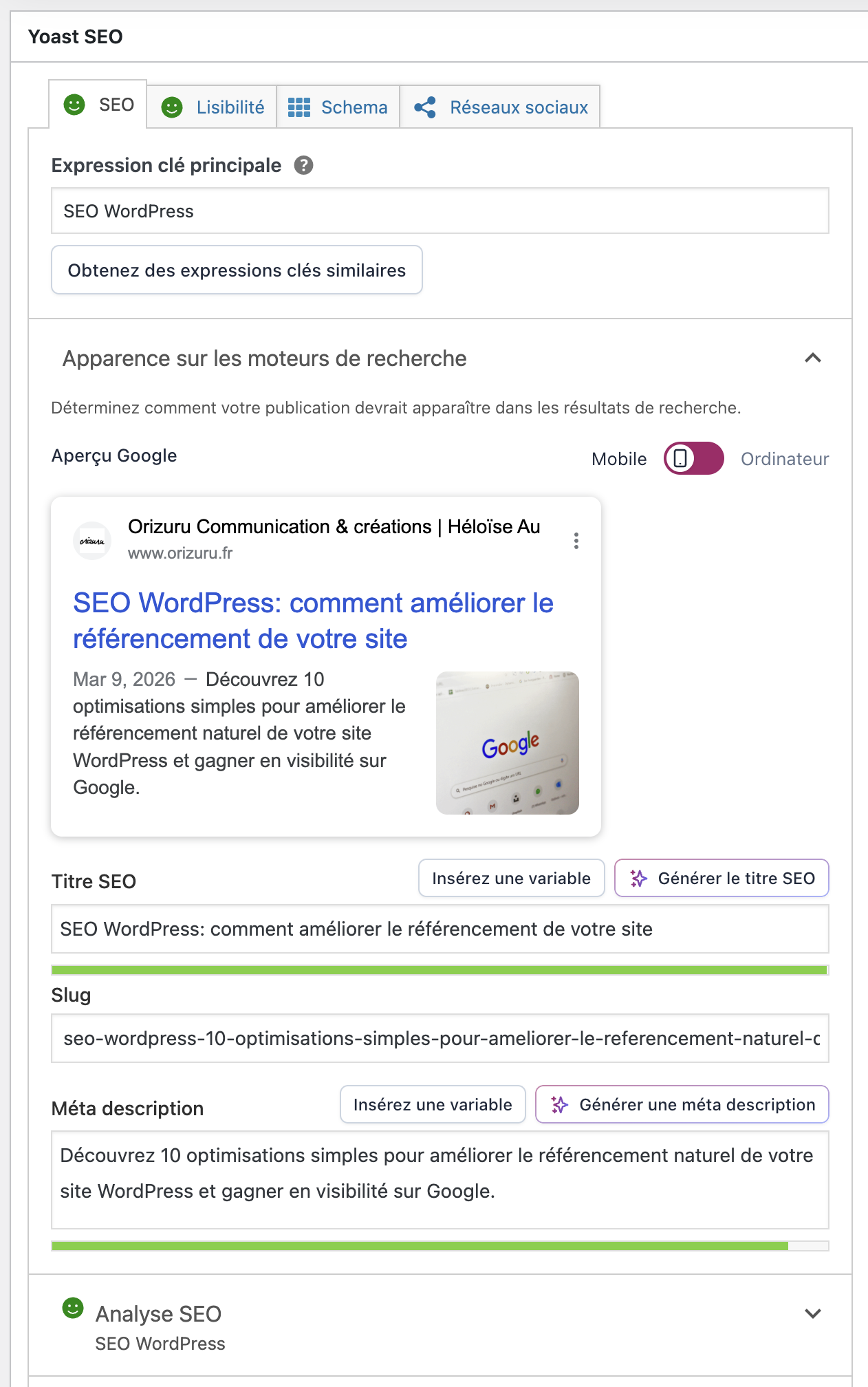 SEO wordpress, extrait du pluggin Yoast SEO