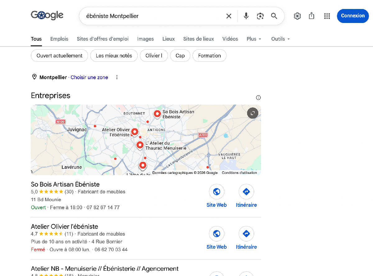 Résultat Google pour ébéniste Montpellier Résultat Google sur reuquete locale