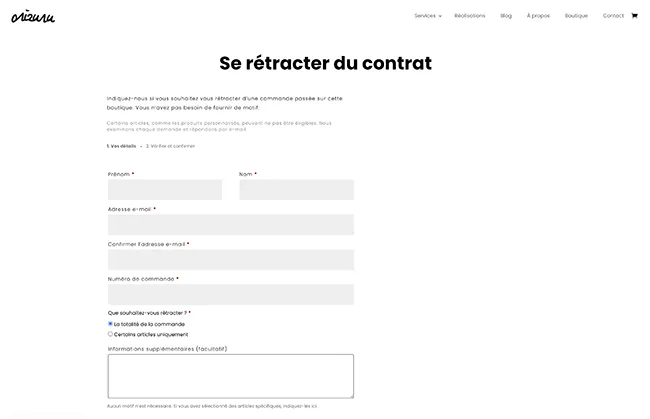 Formulaire de rétractation Woocommerce - exemple orizuru.fr Formulaire de rétractation Woocommerce